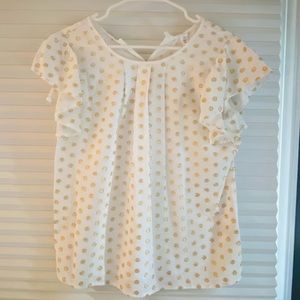 Anthropologie flutter sleeve gold polka dot blouse